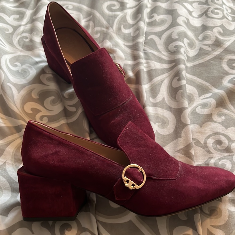 Tory Burch Burgundy Suede Block Heel Loafers - Picture 2 of 4